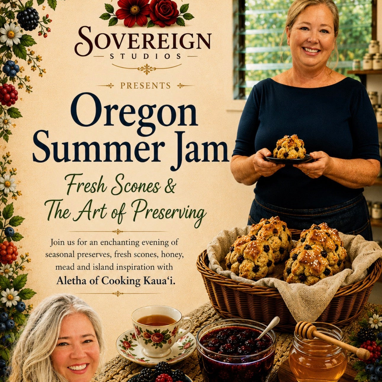 Promotional poster for Oregon Summer Jam featuring scones and preserving, with a woman holding a plate of scones.